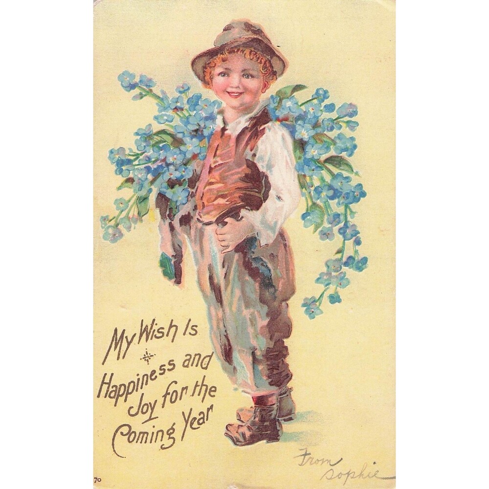 1909 Happy New Year Postcard Child Flowers Embossed New York Sophie Courtland